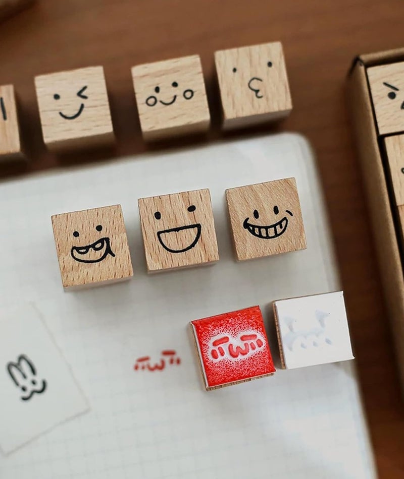ZMLSED 25pcs Mood Expression Wooden Rubber Stamps Kit, Cute Small Emoticon Theme Stamps for Decorative Diary Planner DIY Craft Scrapbook Card Making Letters Journal - Image 5